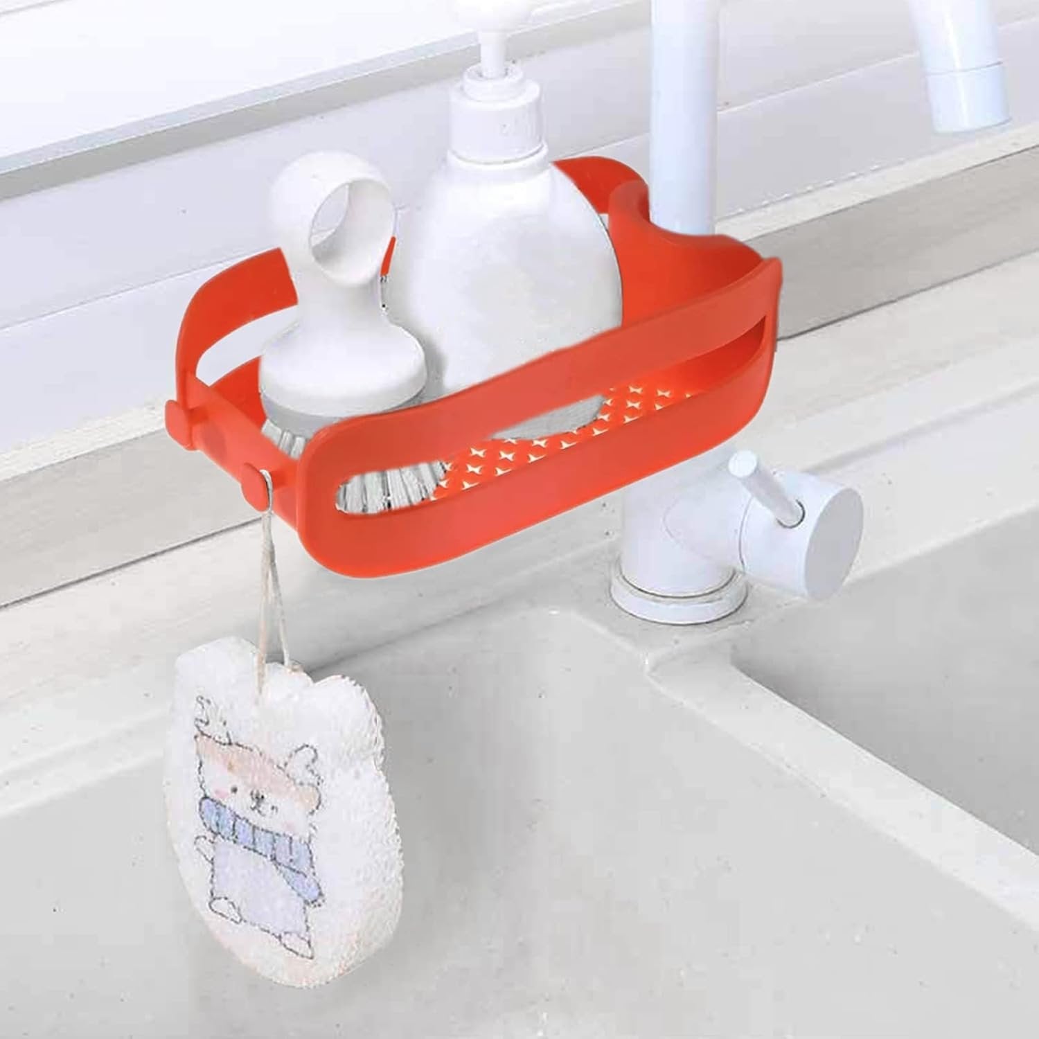 Kitchen Sink Faucet Organizer Rack ? Adjustable Holder for Sponges, Soaps & Brushes ? Drainage Design Sink Caddy Shelf for Tidy Countertops

