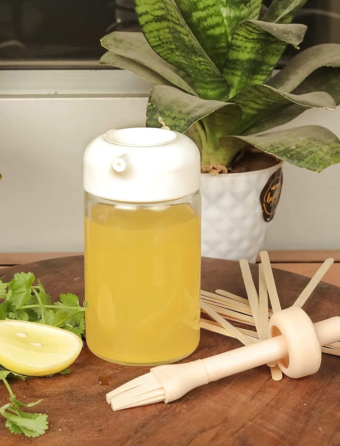 2 IN 1 OIL DISPENSER CONDIMENT JAR WITH SILICONE BRUSH ? Convenient Oil and Condiment Dispenser with Built-In Brush

