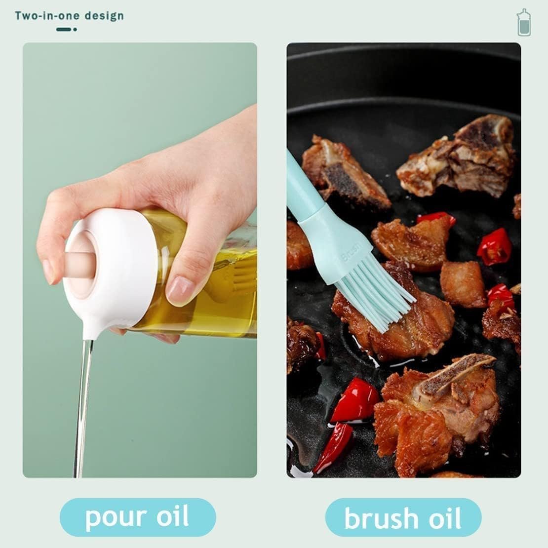 2 IN 1 OIL DISPENSER CONDIMENT JAR WITH SILICONE BRUSH ? Convenient Oil and Condiment Dispenser with Built-In Brush

