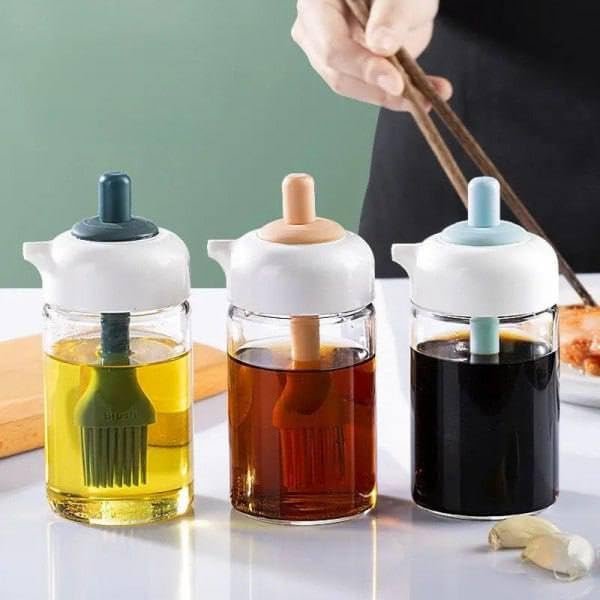 2 IN 1 OIL DISPENSER CONDIMENT JAR WITH SILICONE BRUSH ? Convenient Oil and Condiment Dispenser with Built-In Brush

