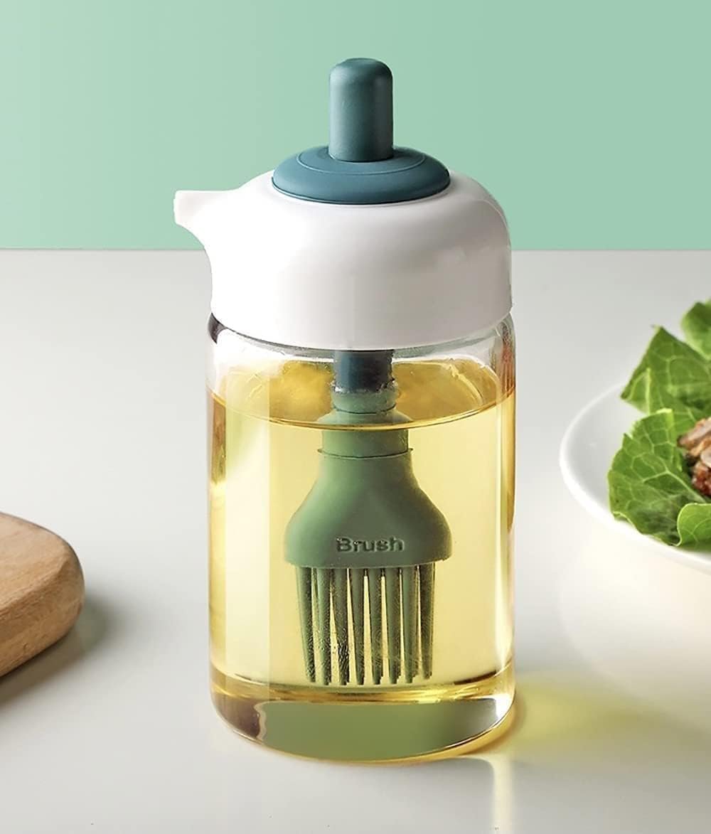 2 IN 1 OIL DISPENSER CONDIMENT JAR WITH SILICONE BRUSH ? Convenient Oil and Condiment Dispenser with Built-In Brush

