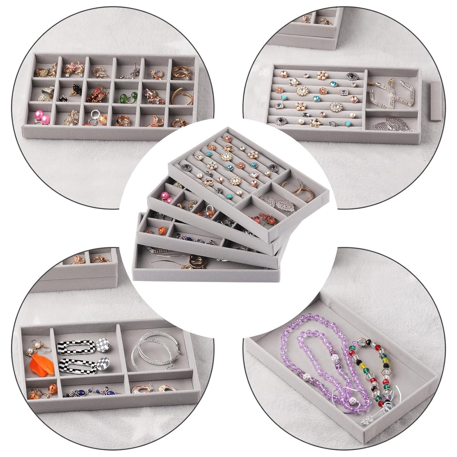 VELVET JEWELRY TRAYS ORGANIZER SET OF 4 ? Elegant Storage for Rings, Necklaces, and Earrings

