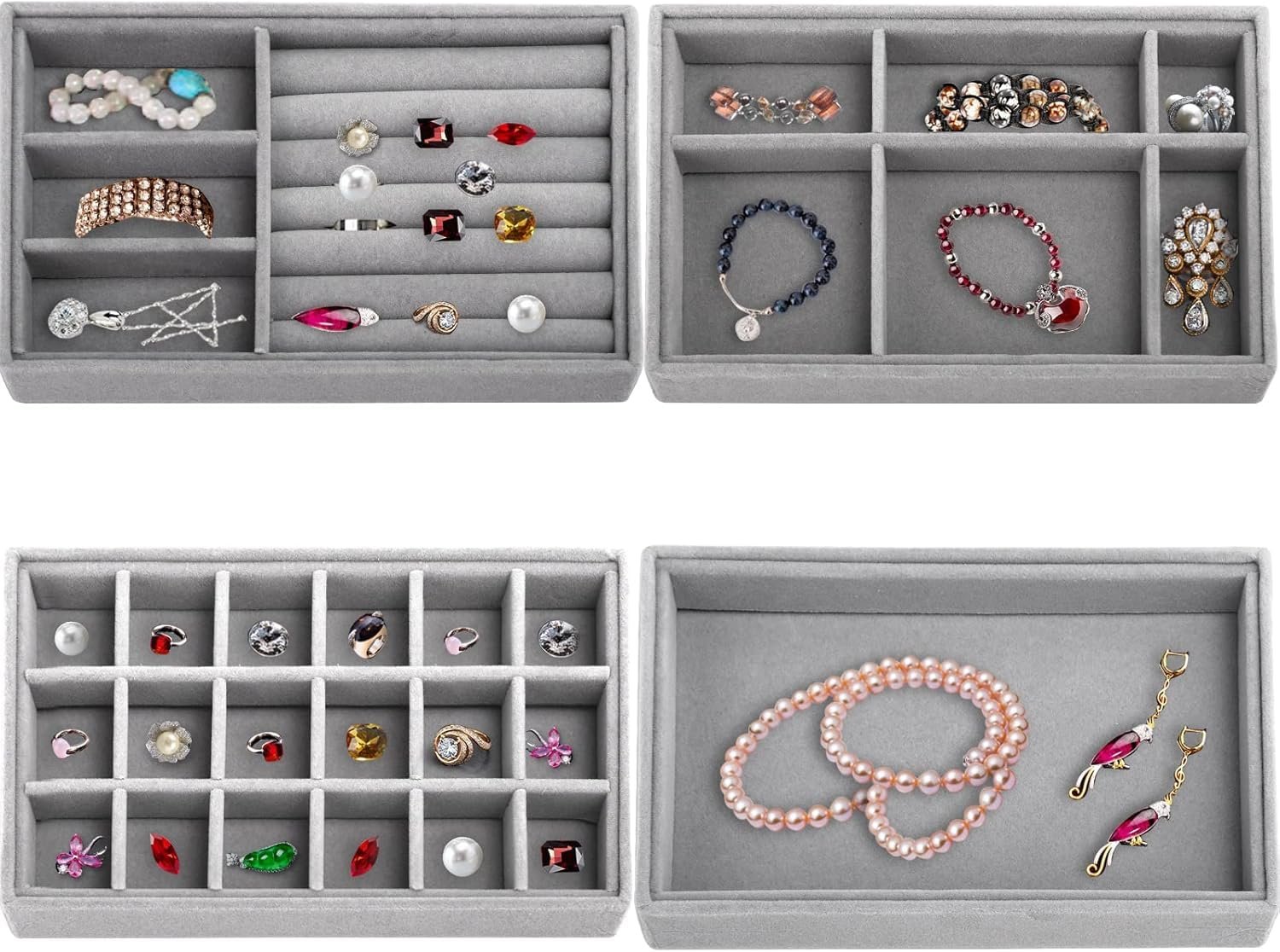VELVET JEWELRY TRAYS ORGANIZER SET OF 4 ? Elegant Storage for Rings, Necklaces, and Earrings

