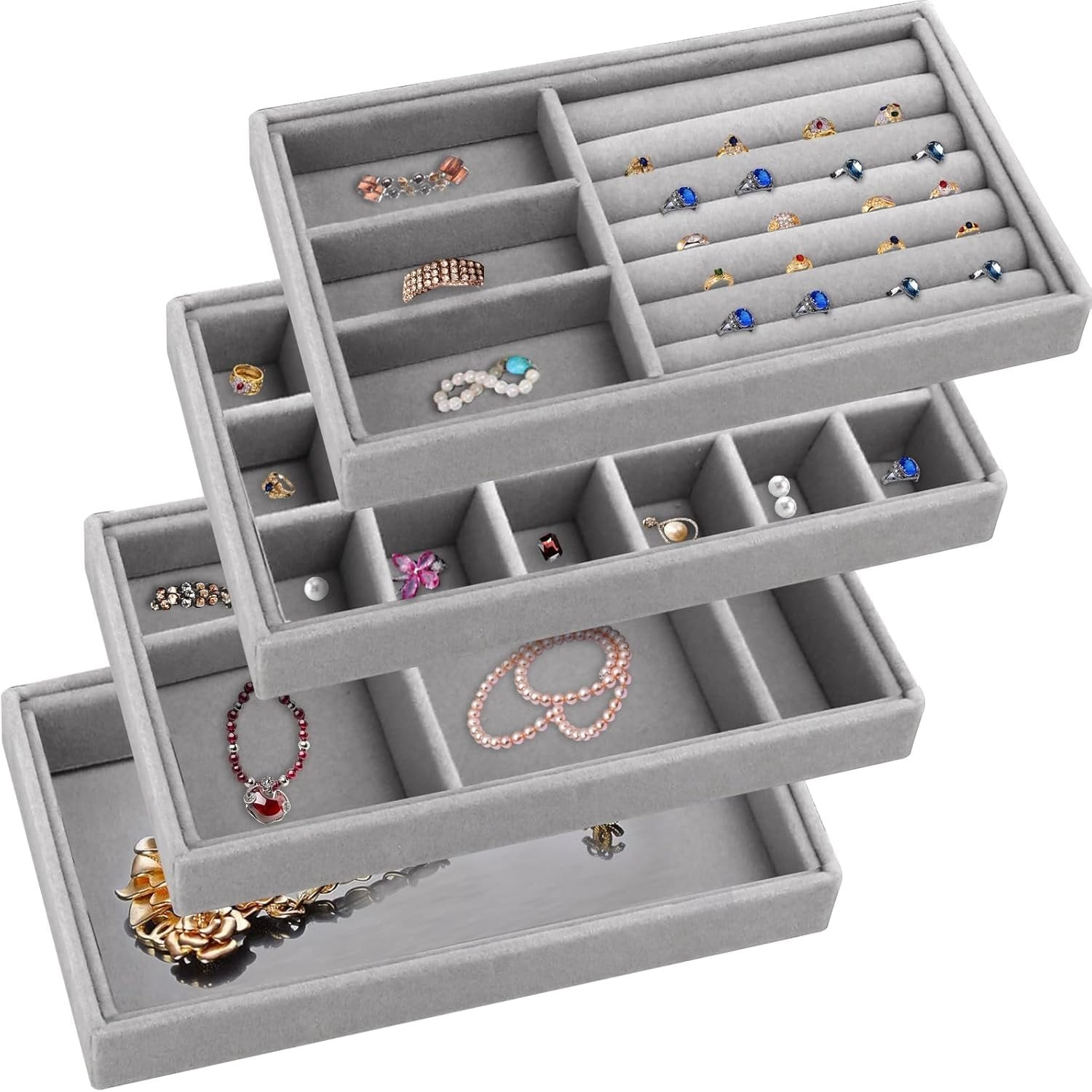 VELVET JEWELRY TRAYS ORGANIZER SET OF 4 ? Elegant Storage for Rings, Necklaces, and Earrings

