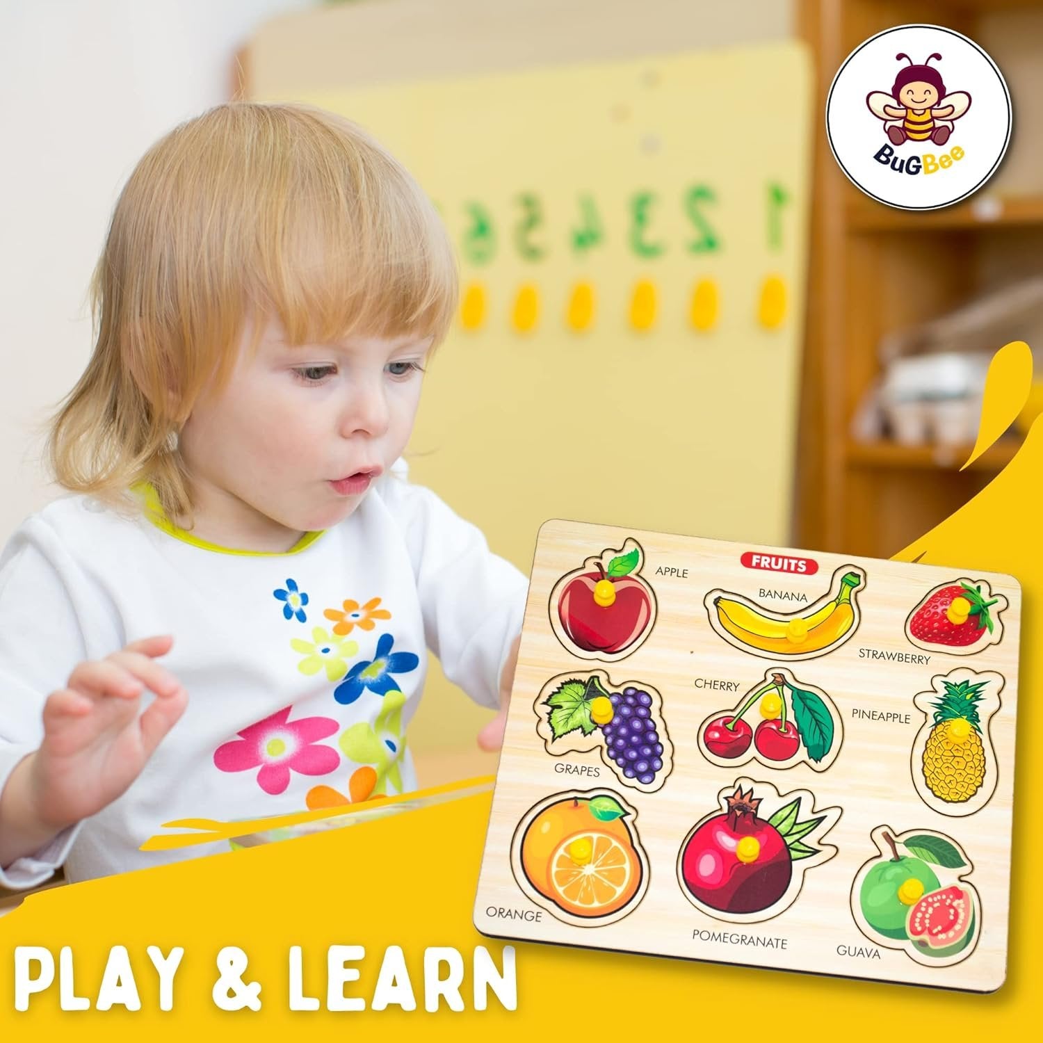 Wooden Fruits Shapes Puzzle ? Fun and Educational Toy for Toddlers ? Improve Shape Recognition, Cognitive Skills, and Hand-Eye Coordination


