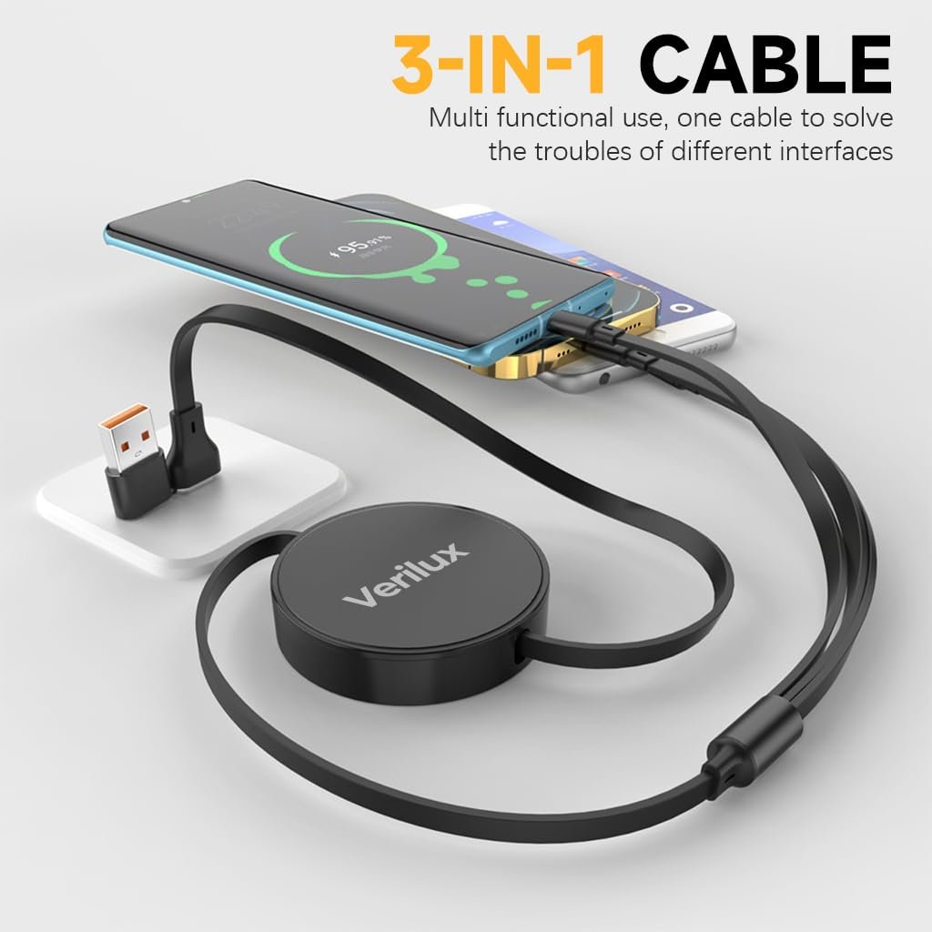 3 in 1 Multifunctional Rollup Charging Cable ? Tangle-Free Cable for iPhone, Android, and Type-C Devices

