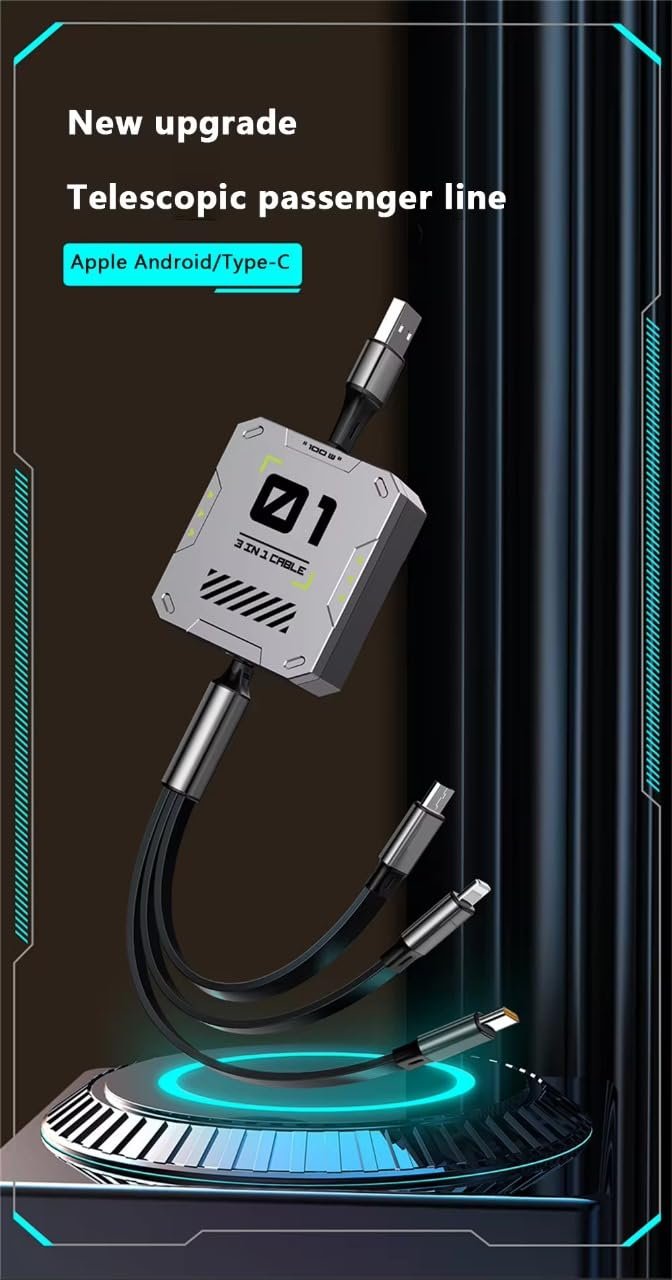 3 in 1 Multifunctional Rollup Charging Cable ? Tangle-Free Cable for iPhone, Android, and Type-C Devices

