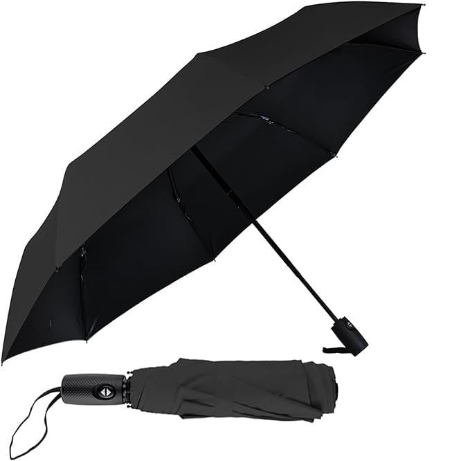 Black Umbrella ? Classic Windproof Compact Folding Umbrella for Rain & Sun Protection


