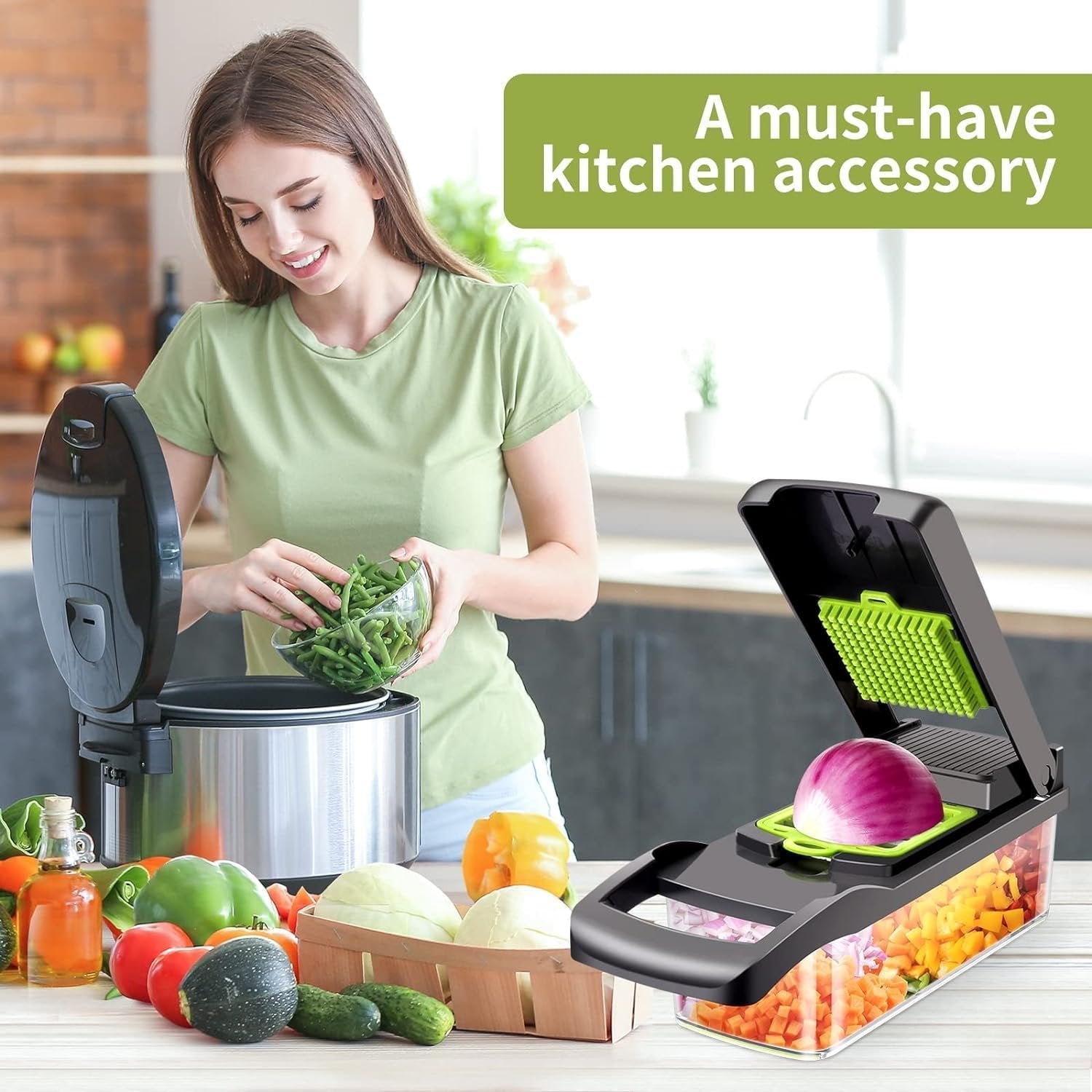 14-in-1 Vegetable Chopper & Slicer with Container – Multipurpose Food Cutter, Onion Chopper, Grater, Mandoline Slicer, Spiralizer – Kitchen Gadget for Veggies, Fruits & Salads