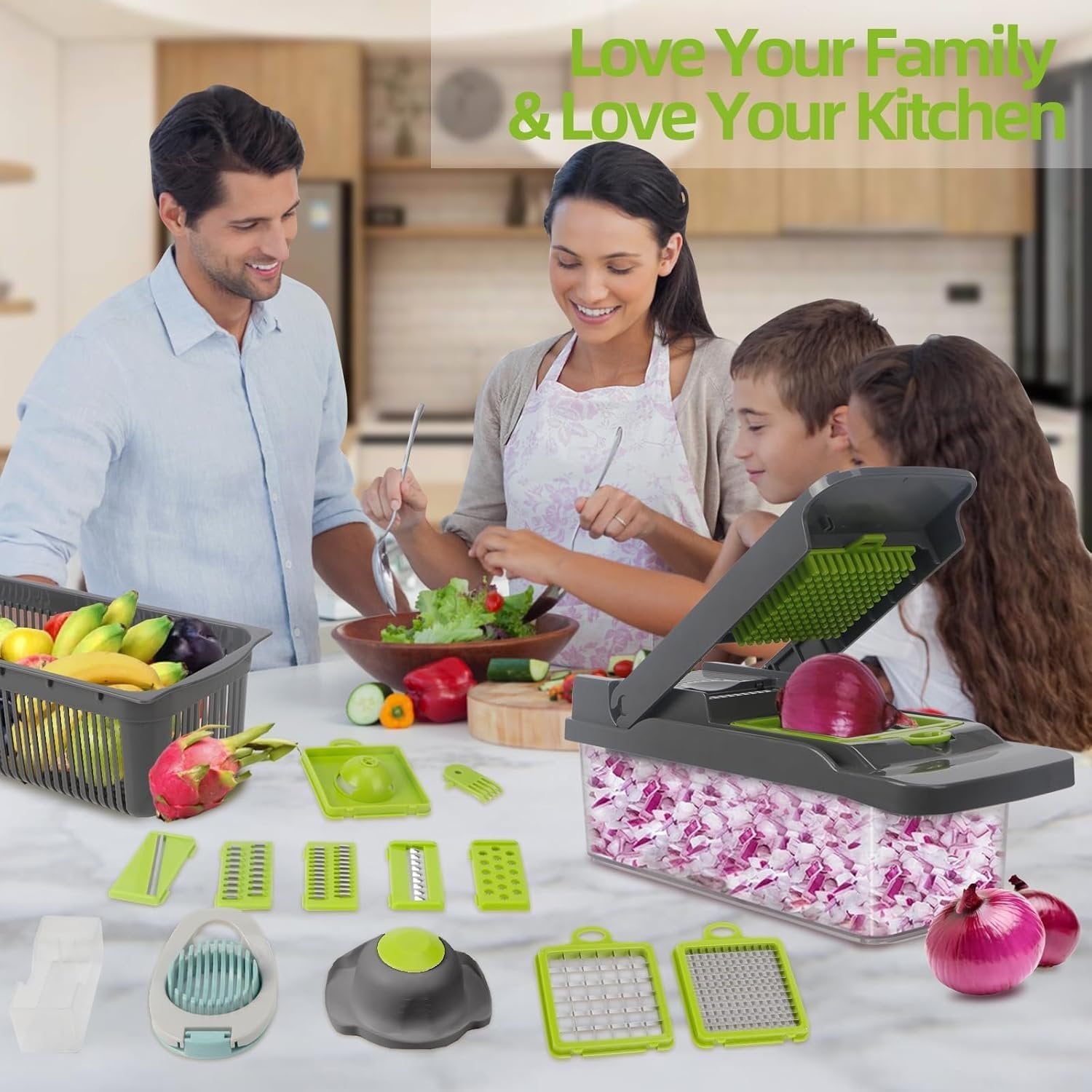 14-in-1 Vegetable Chopper & Slicer with Container – Multipurpose Food Cutter, Onion Chopper, Grater, Mandoline Slicer, Spiralizer – Kitchen Gadget for Veggies, Fruits & Salads