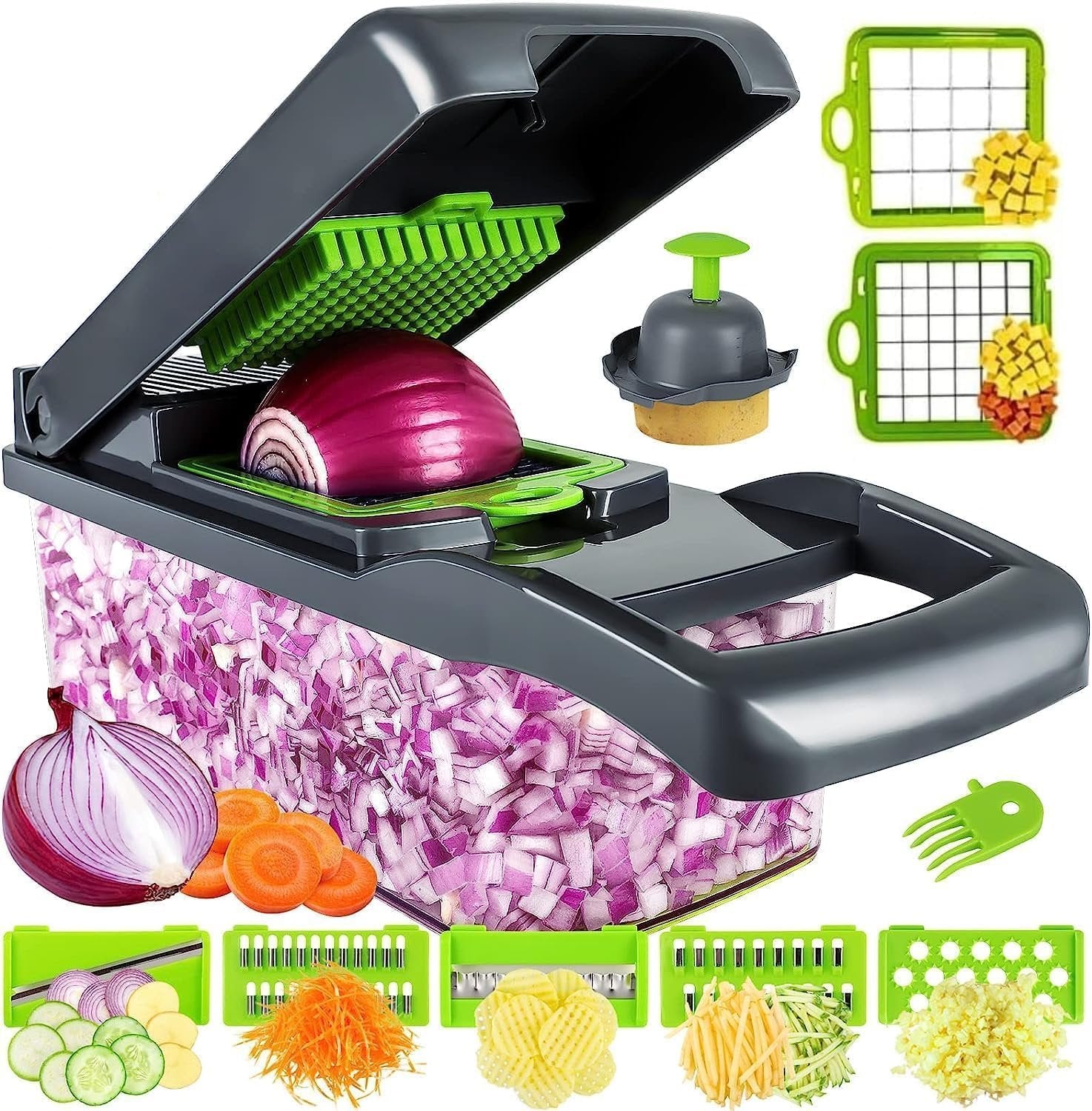 14-in-1 Vegetable Chopper & Slicer with Container – Multipurpose Food Cutter, Onion Chopper, Grater, Mandoline Slicer, Spiralizer – Kitchen Gadget for Veggies, Fruits & Salads