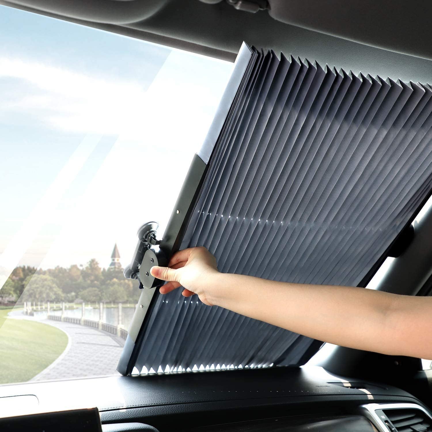 Retractable Car Sunshade for Windshield | UV Protection Roll-Up Sun Visor | Heat Resistant Front Window Shade | Universal Fit for Sedan, SUV & Truck | Easy Installation with Suction Cups