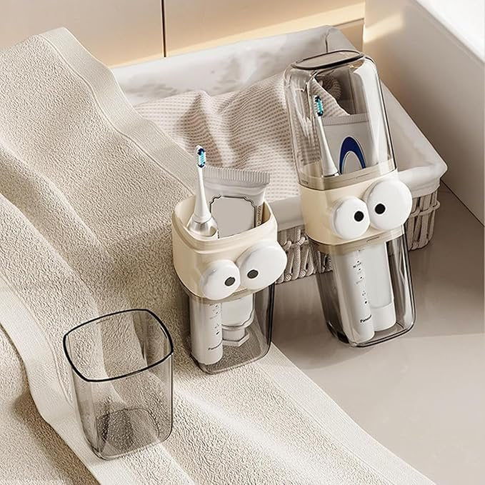 Toothbrush Holder ? Wall Mounted Bathroom Organizer with Automatic Toothpaste Dispenser, Dustproof Cover & No-Drill Installation, for Family Use