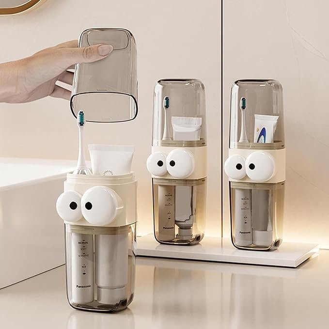 Toothbrush Holder ? Wall Mounted Bathroom Organizer with Automatic Toothpaste Dispenser, Dustproof Cover & No-Drill Installation, for Family Use