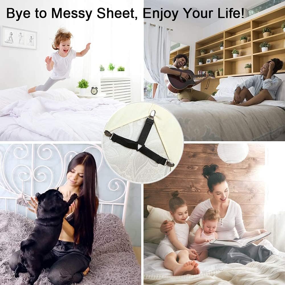 4 Pcs Triangle Bed Sheet Fixer ? Elastic Mattress Corner Clips with Strong Grip, Bed Sheet Holders for All Sizes, No-Slip Bed Sheet Fasteners for Home & Hotel Use