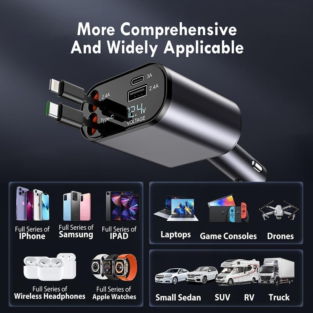 Retractable 4-in-1 Car Charger ? Fast Charging USB Car Adapter with Built-in Lightning, Type-C, Micro USB Cables, Compatible with All Smartphones & Devices