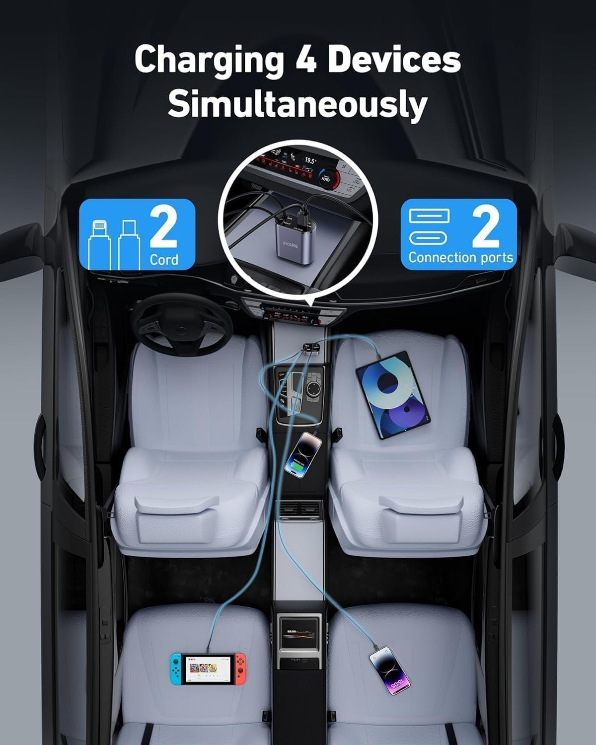 Retractable 4-in-1 Car Charger ? Fast Charging USB Car Adapter with Built-in Lightning, Type-C, Micro USB Cables, Compatible with All Smartphones & Devices