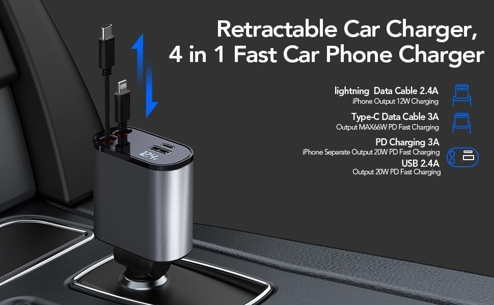 Retractable 4-in-1 Car Charger ? Fast Charging USB Car Adapter with Built-in Lightning, Type-C, Micro USB Cables, Compatible with All Smartphones & Devices