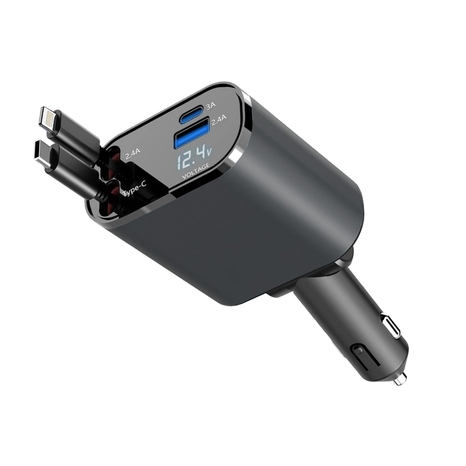 Retractable 4-in-1 Car Charger ? Fast Charging USB Car Adapter with Built-in Lightning, Type-C, Micro USB Cables, Compatible with All Smartphones & Devices
