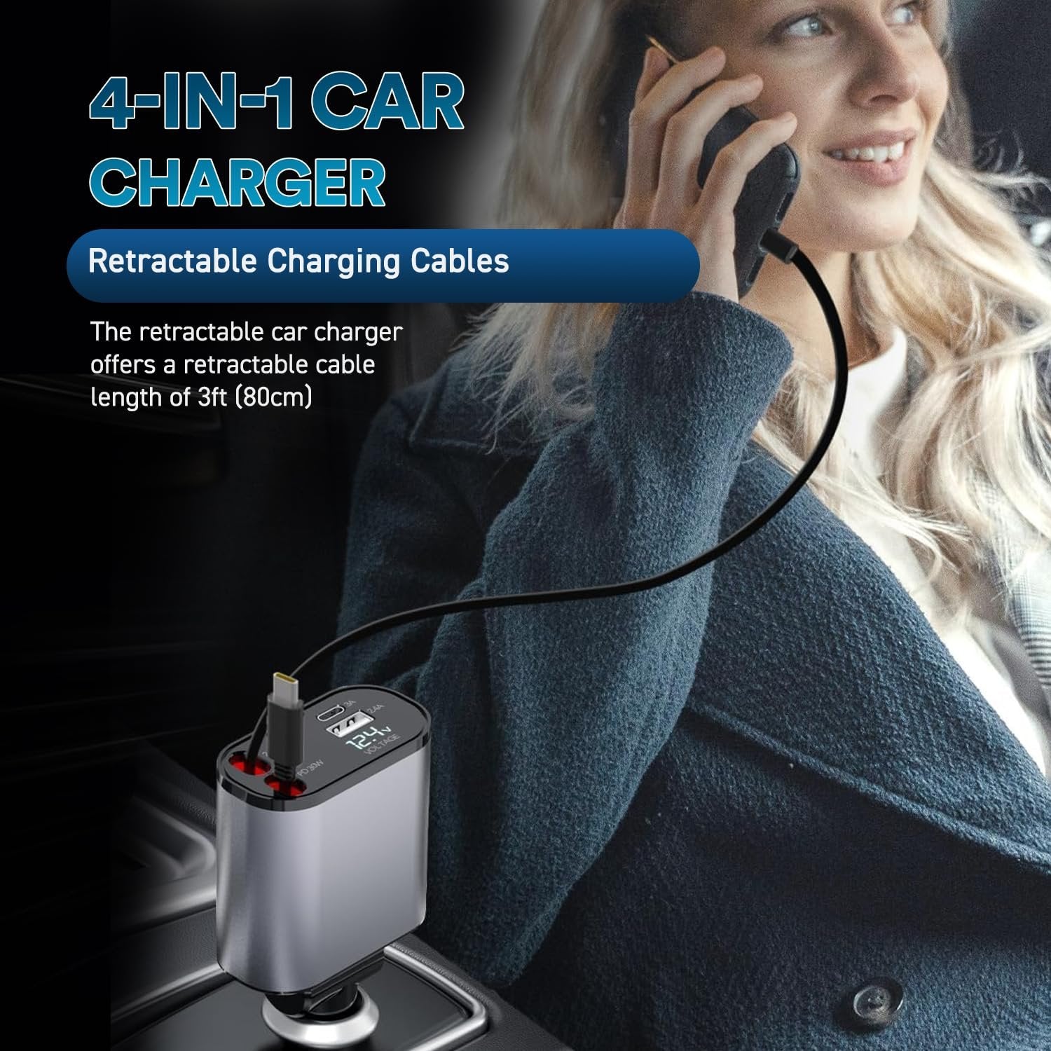 Retractable 4-in-1 Car Charger ? Fast Charging USB Car Adapter with Built-in Lightning, Type-C, Micro USB Cables, Compatible with All Smartphones & Devices