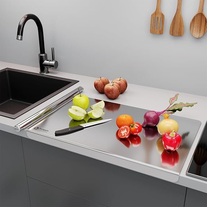 Stainless Steel Chopping Board (41?31 cm) ? Rustproof & Anti-Bacterial Cutting Board for Meat, Vegetables & Fruits, Heavy Duty Kitchen Board with Non-Slip Base