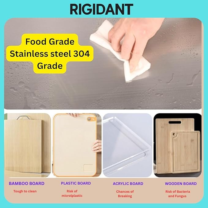 Stainless Steel Chopping Board (41?31 cm) ? Rustproof & Anti-Bacterial Cutting Board for Meat, Vegetables & Fruits, Heavy Duty Kitchen Board with Non-Slip Base