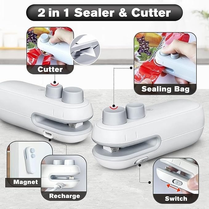 2 in 1 Rechargeable Mini Sealer ? Portable Heat Sealer & Cutter for Plastic Bags, USB Charging Snack Resealer for Kitchen & Travel Use