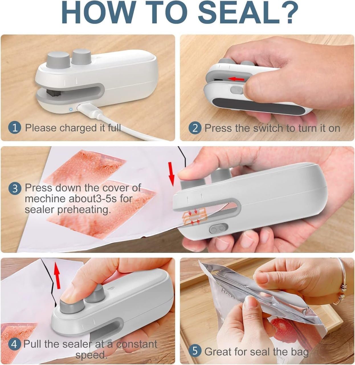 2 in 1 Rechargeable Mini Sealer ? Portable Heat Sealer & Cutter for Plastic Bags, USB Charging Snack Resealer for Kitchen & Travel Use