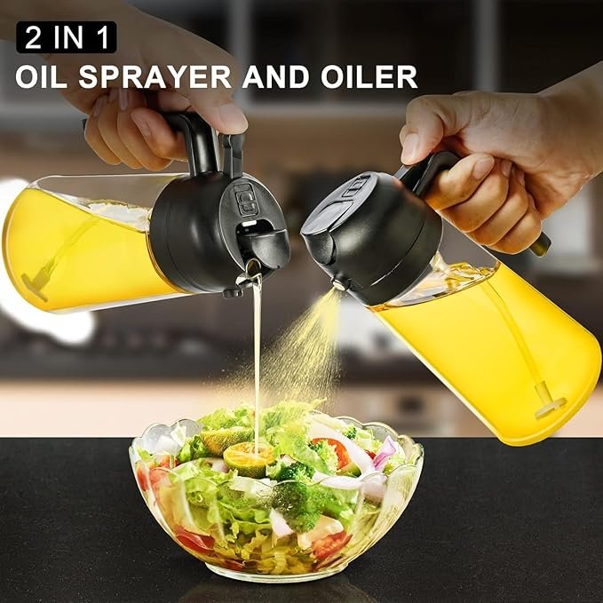 2 in 1 Oil Spray Bottle ? Dual Chamber Olive Oil & Vinegar Dispenser, Adjustable Nozzle for Spraying & Pouring, Kitchen Cooking & BBQ Tool