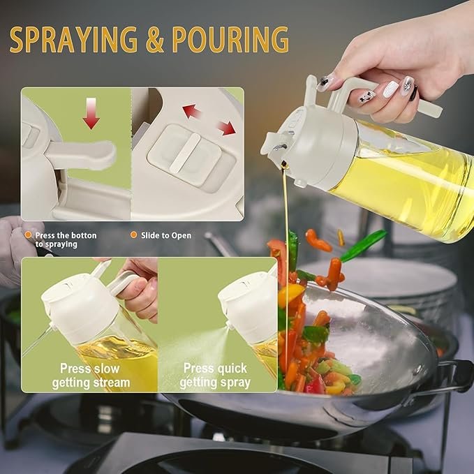 2 in 1 Oil Spray Bottle ? Dual Chamber Olive Oil & Vinegar Dispenser, Adjustable Nozzle for Spraying & Pouring, Kitchen Cooking & BBQ Tool