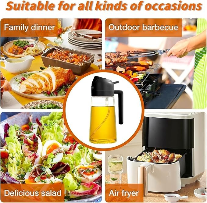 2 in 1 Oil Spray Bottle ? Dual Chamber Olive Oil & Vinegar Dispenser, Adjustable Nozzle for Spraying & Pouring, Kitchen Cooking & BBQ Tool