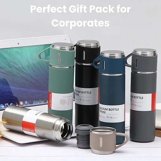 Vacuum Flask Set ? Insulated Stainless Steel Thermos Bottle with 2 Cups | Hot & Cold Flask Set for Travel, Office, School & Outdoor Use (Leak-Proof & Durable)