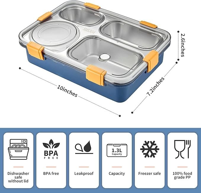 4 Compartment Lunch Box for Kids & Adults ? BPA-Free Leakproof Tiffin with Spoon & Lid | Microwave Safe, Durable Plastic Bento Box for Office, School, Travel (Made in China, Premium Quality)