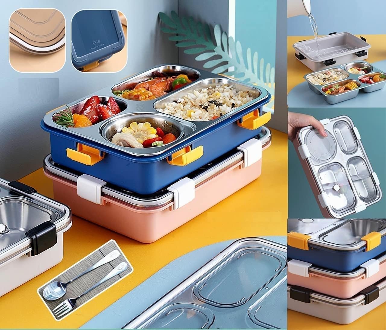4 Compartment Lunch Box for Kids & Adults ? BPA-Free Leakproof Tiffin with Spoon & Lid | Microwave Safe, Durable Plastic Bento Box for Office, School, Travel (Made in China, Premium Quality)