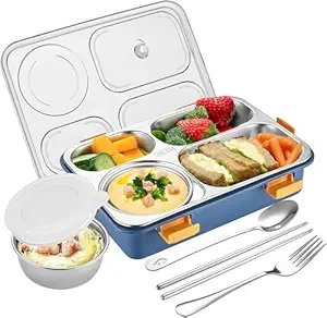 4 Compartment Lunch Box for Kids & Adults ? BPA-Free Leakproof Tiffin with Spoon & Lid | Microwave Safe, Durable Plastic Bento Box for Office, School, Travel (Made in China, Premium Quality)
