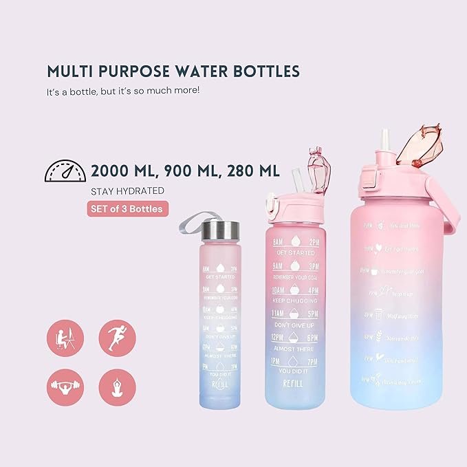 3Pc Motivational Water Bottle Set | Time Marker & Quote BPA-Free Bottles with Straw | Leakproof 1L/2L Hydration Tracker for Gym, Office, Home & Outdoor Use