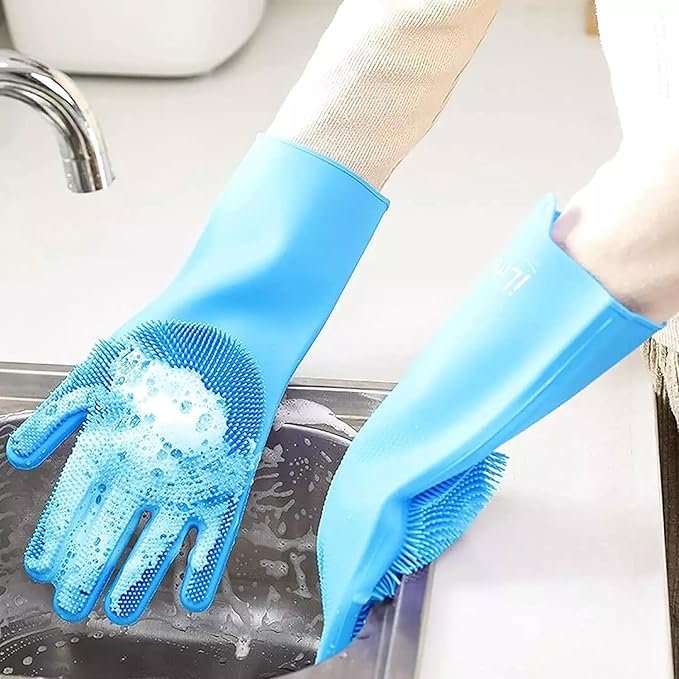 Silicone Hand Gloves for Cleaning | Heat-Resistant Multipurpose Scrubbing Gloves with Built-in Bristles | Reusable Dishwashing & Kitchen Gloves for Home Use