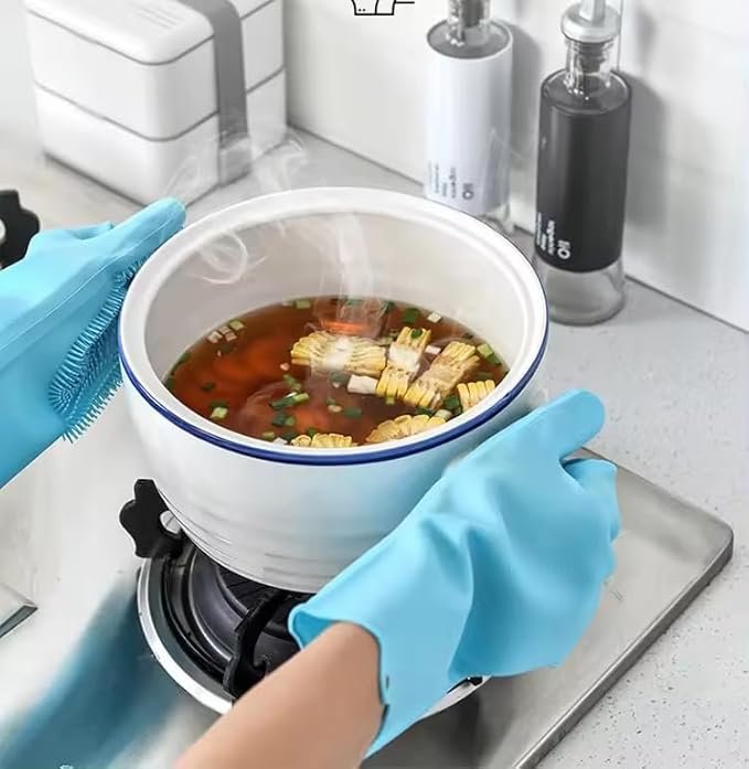 Silicone Hand Gloves for Cleaning | Heat-Resistant Multipurpose Scrubbing Gloves with Built-in Bristles | Reusable Dishwashing & Kitchen Gloves for Home Use