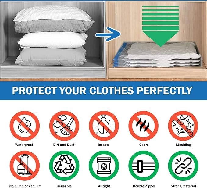 Vacuum Storage Bag | Space Saver Bags with Hand Pump for Clothes, Blankets & Travel | Airtight, Resealable Compression Bags for Home, Luggage & Wardrobe Storage