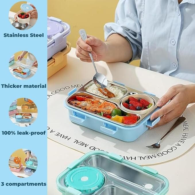 3 Compartment Lunch Box | Leak-Proof Bento Box with Separate Sections | Durable Food Storage Container for Kids & Adults