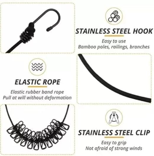 Cloth Drying Rope ? Portable Adjustable Clothesline with Hooks for Indoor & Outdoor Use ? Strong Nylon Travel Laundry Line for Balcony, Bathroom, Camping