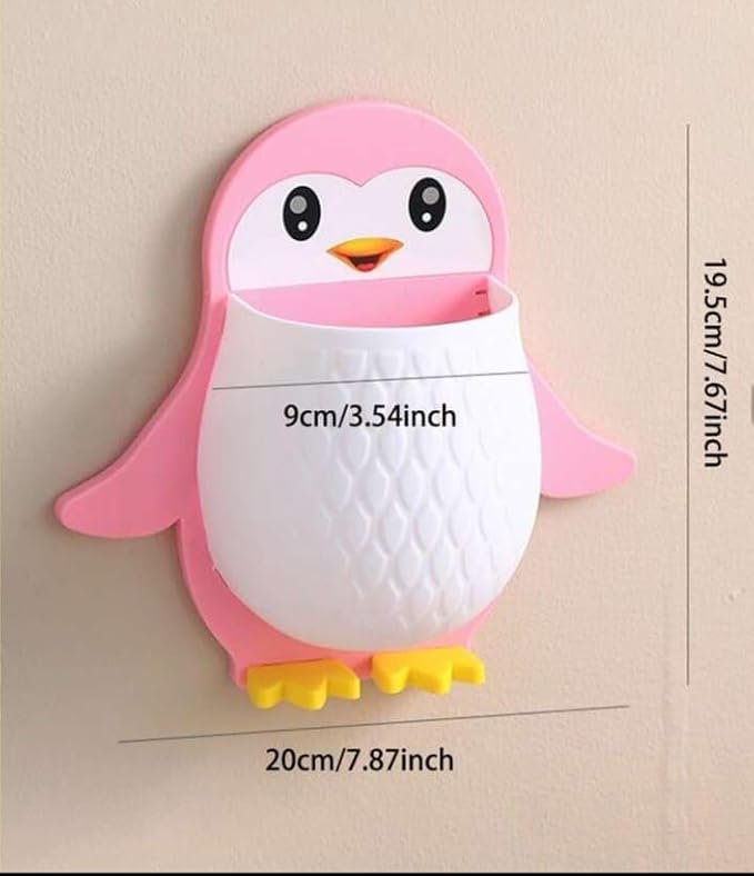Penguin Design Toothpaste Holder ? Cute Cartoon Toothpaste Dispenser & Stand for Kids ? Wall Mount Bathroom Organizer for Toothpaste & Brushes