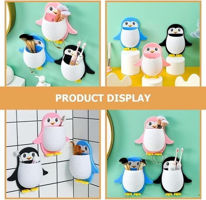 Penguin Design Toothpaste Holder ? Cute Cartoon Toothpaste Dispenser & Stand for Kids ? Wall Mount Bathroom Organizer for Toothpaste & Brushes