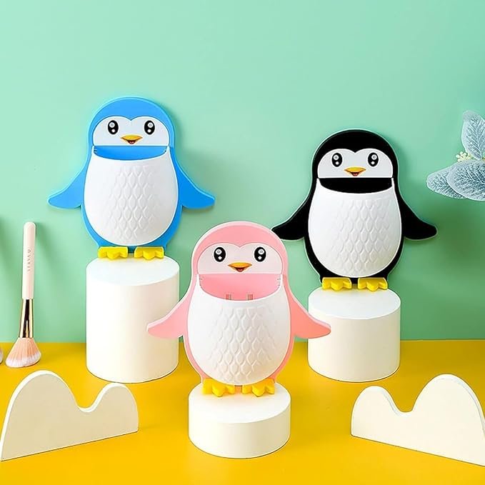 Penguin Design Toothpaste Holder ? Cute Cartoon Toothpaste Dispenser & Stand for Kids ? Wall Mount Bathroom Organizer for Toothpaste & Brushes