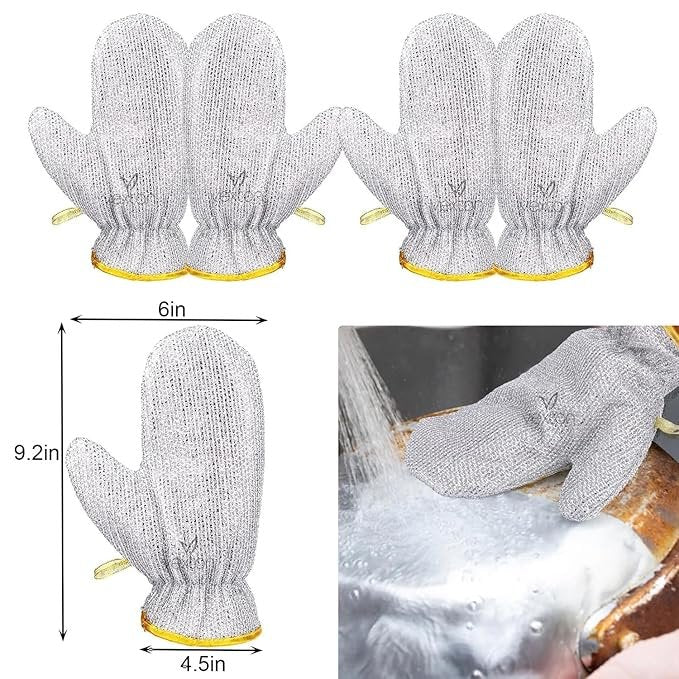 Reusable Wire Dishwashing Gloves ? Heavy-Duty Scrub Gloves with Built-in Steel Wire Scrubber ? Heat Resistant Cleaning Gloves for Kitchen, Utensils & Tough Stains