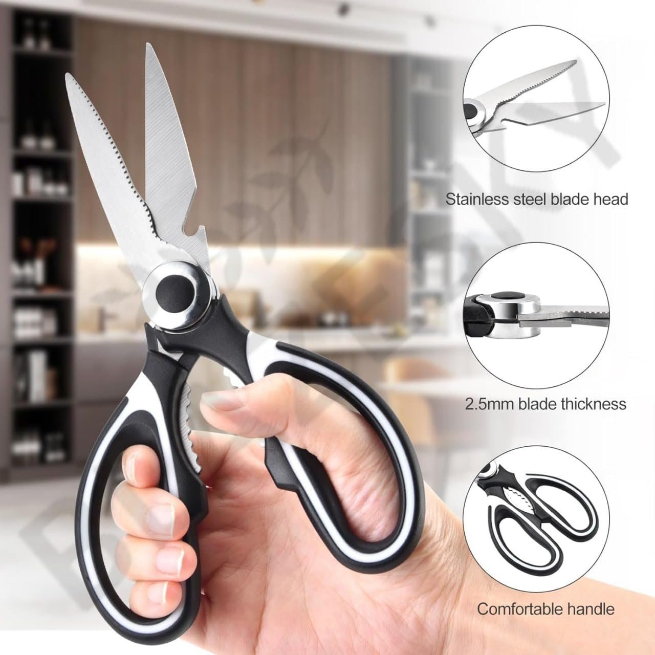Multi-Purpose Kitchen Scissors ? Heavy-Duty Food Scissors for Meat, Poultry, Herbs, and Vegetables, Stainless Steel Blades with Soft Grip Handle & Built-in Bottle Opener