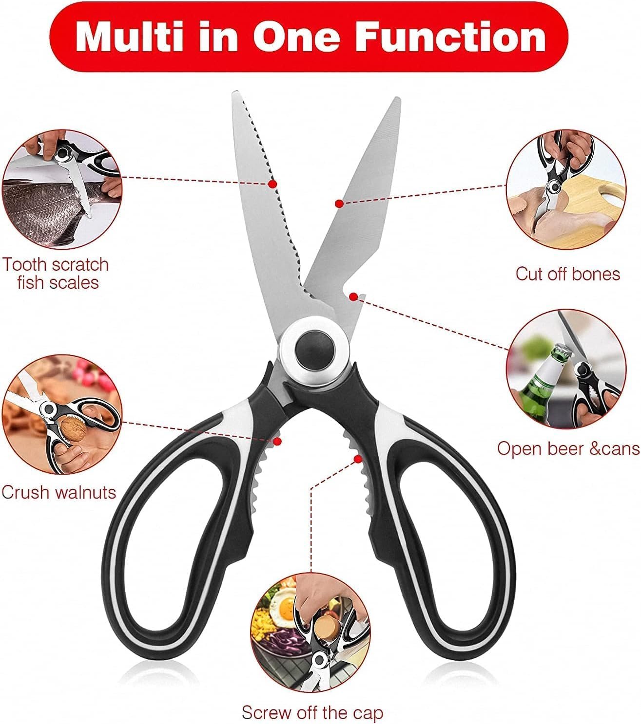 Multi-Purpose Kitchen Scissors ? Heavy-Duty Food Scissors for Meat, Poultry, Herbs, and Vegetables, Stainless Steel Blades with Soft Grip Handle & Built-in Bottle Opener