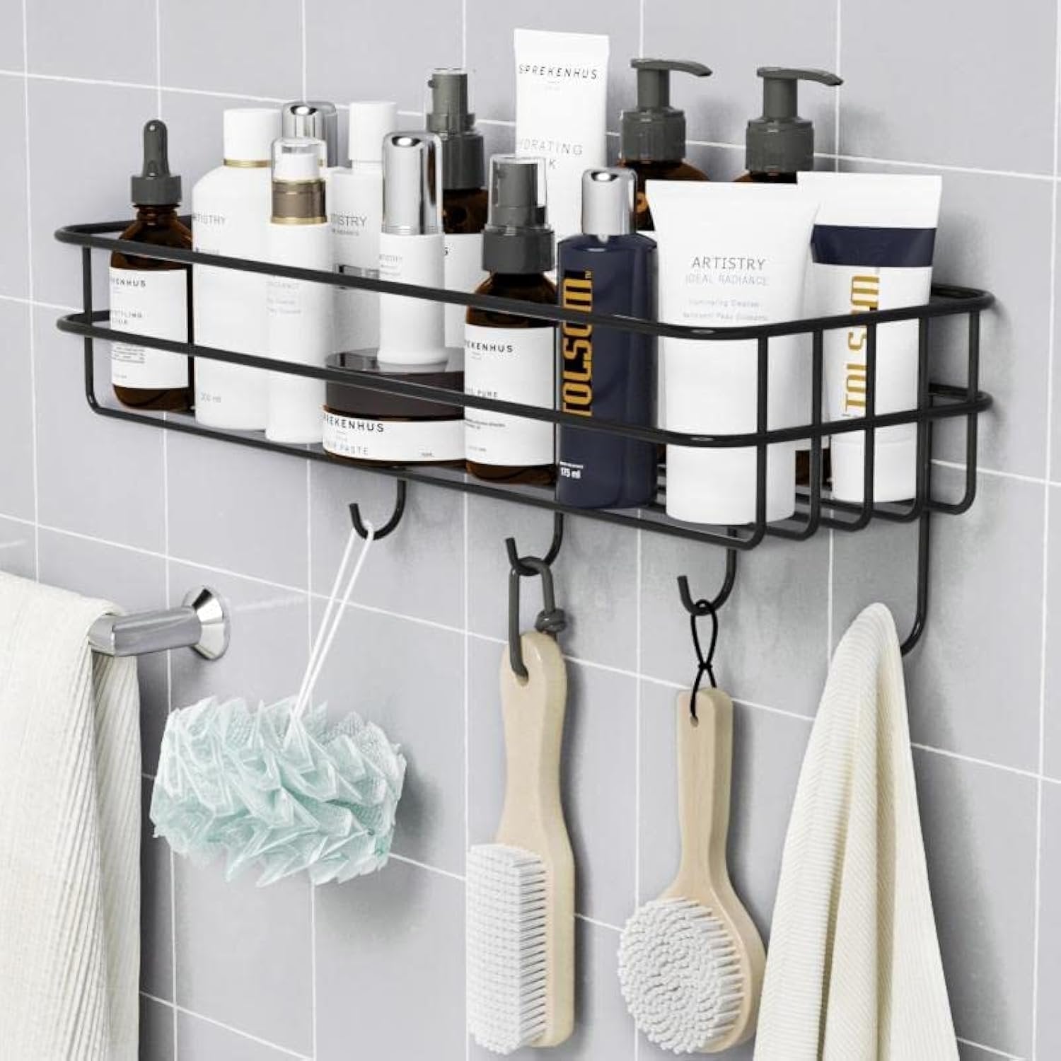 4 Hook Metal Wall Shelf ? Heavy-Duty Wall-Mounted Storage Rack with Hooks for Keys, Towels, Utensils & Accessories, Space-Saving Organizer for Kitchen, Bathroom & Entryway