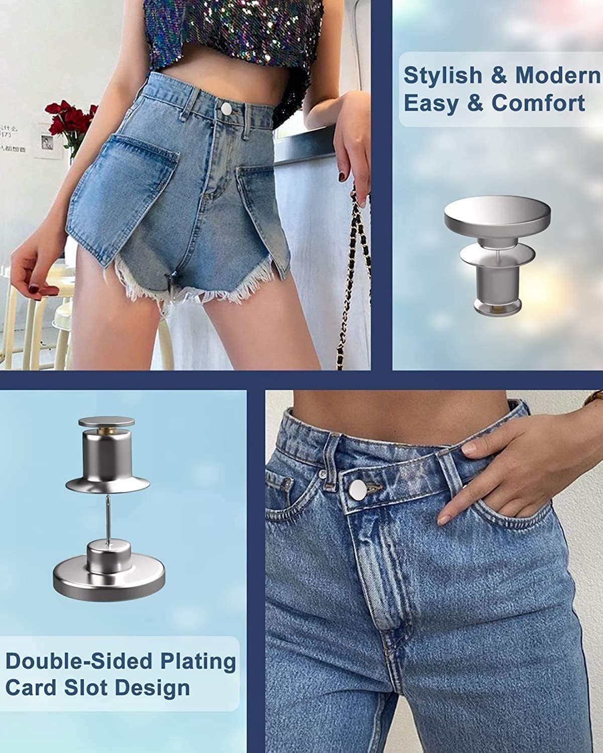 Detachable Jeans Button ? No-Sew Adjustable Waist Extender Snap Button for Pants, Skirts & Jeans, Reusable Metal Replacement Button (Pack of 4)