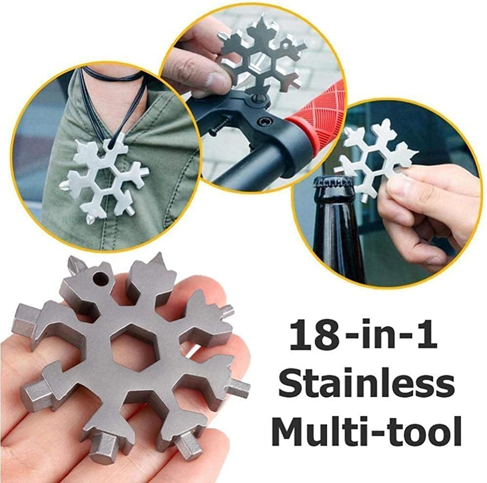 18-in-1 Snowflake Multi-Functional Tool | Stainless Steel Pocket Tool for Screwdriver, Bottle Opener, Wrench & Outdoor Gear | EDC Tool for Camping, Hiking & Travel